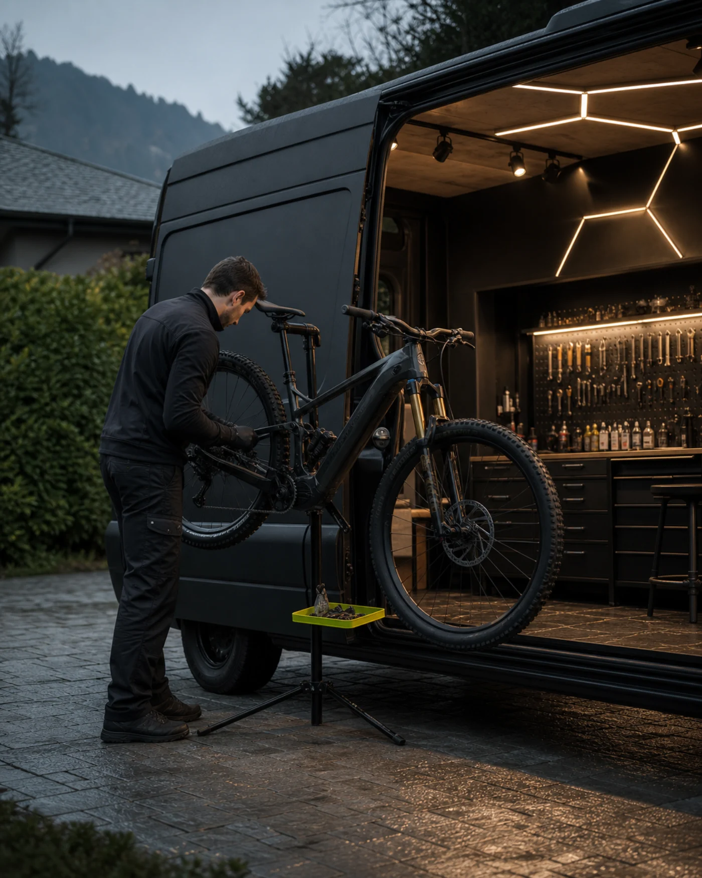 Mécanicien intervenant sur un e-bike depuis un atelier mobile